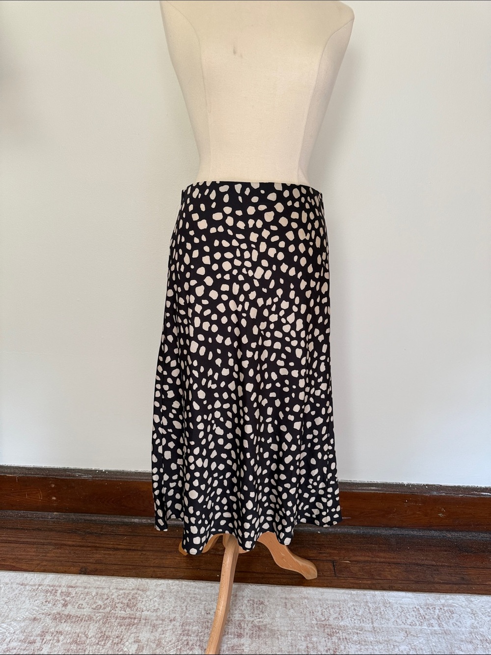LOFT Black Midi Skirt with Cream Spot Print
